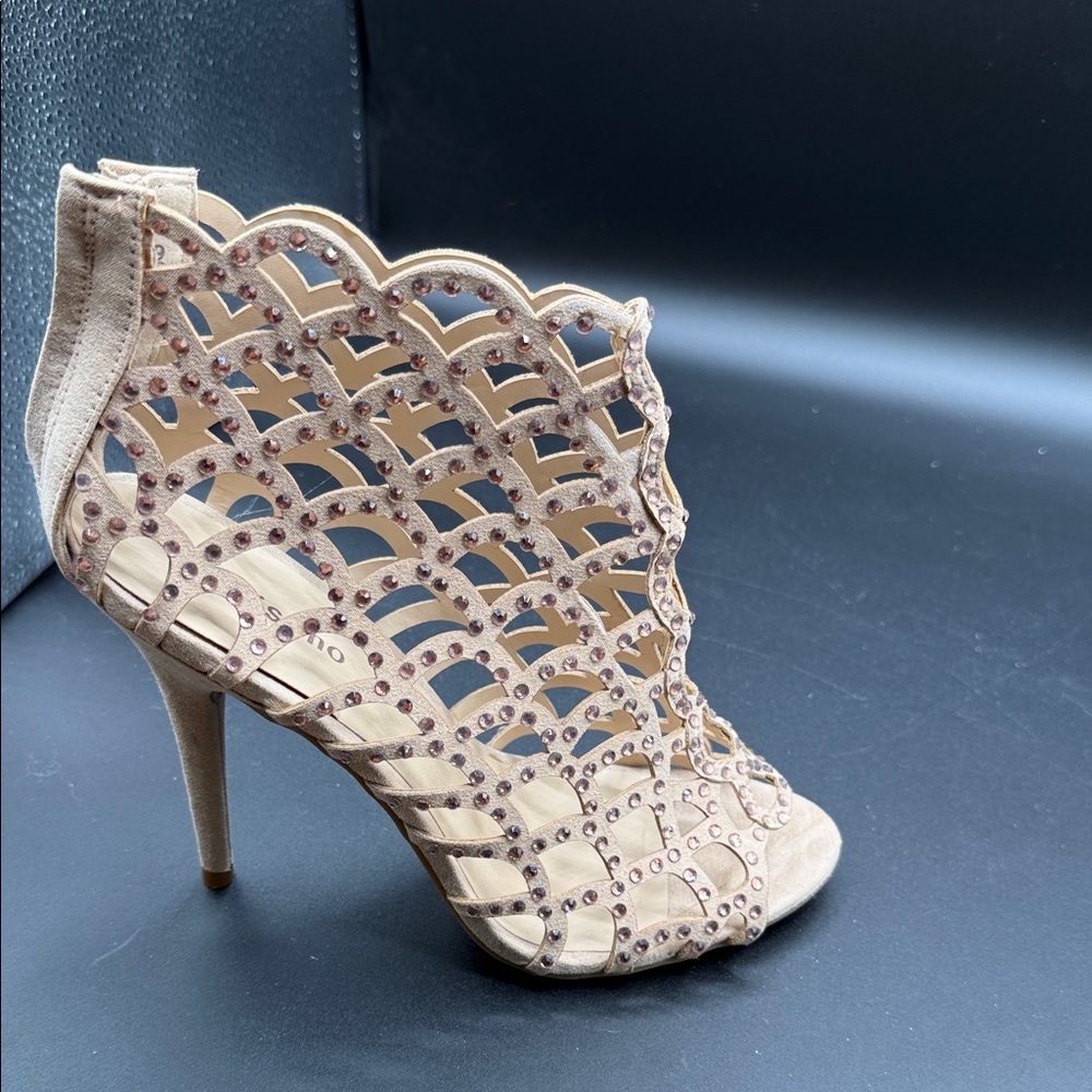 Zigi Soho Beige Rhinestone Cage Strappy Heels